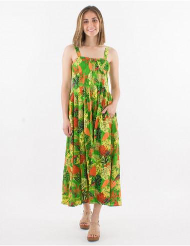 Viscose smocked back dress with straps and amazonie print