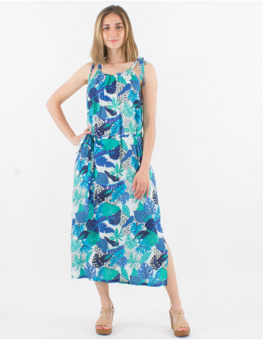 Long viscose dress with wraps and amazonie print