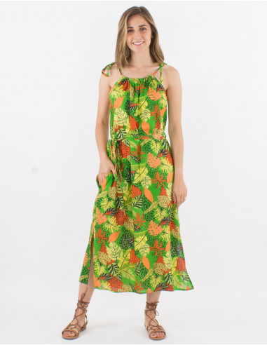 Long viscose dress with wraps and amazonie print