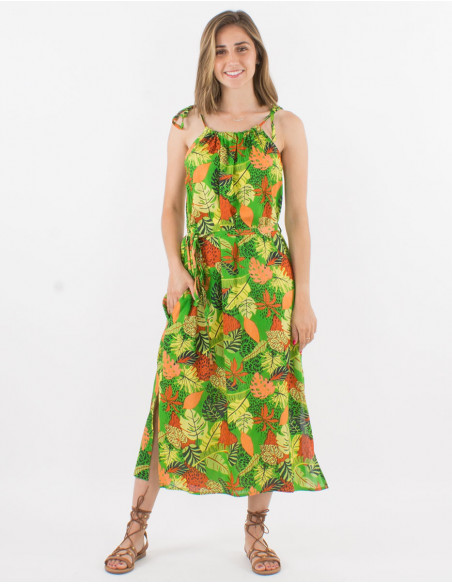 Long viscose dress with wraps and amazonie print