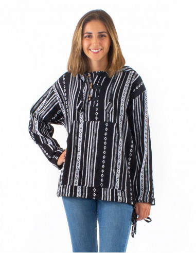 Cotton hooded jacket with stripes and 3 buttons