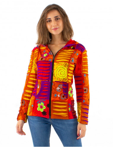 Knitted cotton patchwork jacket with embroideries on hood