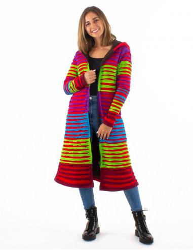 Knitted cotton patchwork hooded coat with polar lining