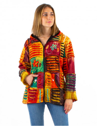 Veste maille coton patchwork Sw brodé doublure polaire à capuche