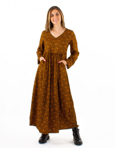 Rayon long printed dress with long sleeves