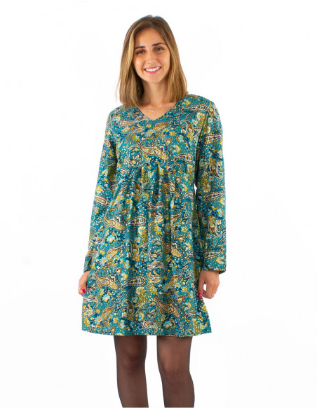 Polyester long sleeves dress with lining and "golden cachemire" print