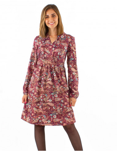 Robe courte polyester doublée manches longues imprimé Cachemire doré