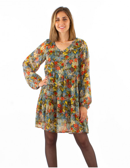 Robe courte mousseline de polyester doublée imprimé Vaiana