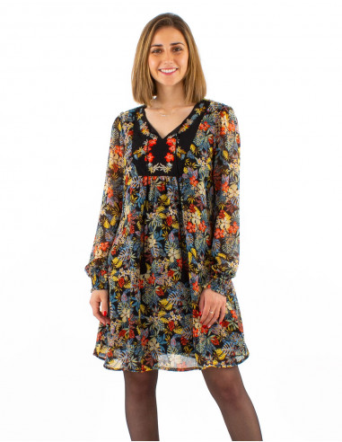 Robe courte mousseline de polyester doublée brodée imprimé Vaiana
