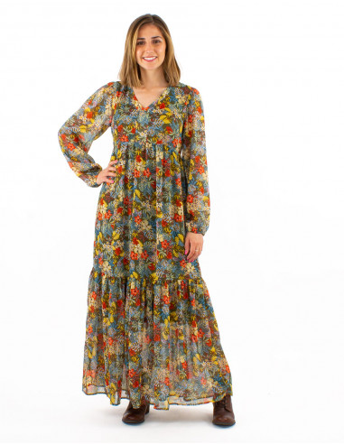Polyester mousseline long dress with lining and "viana" print
