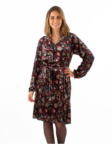 Knitted velvet 92% polyester 8% elastane dress with "dahila" print
