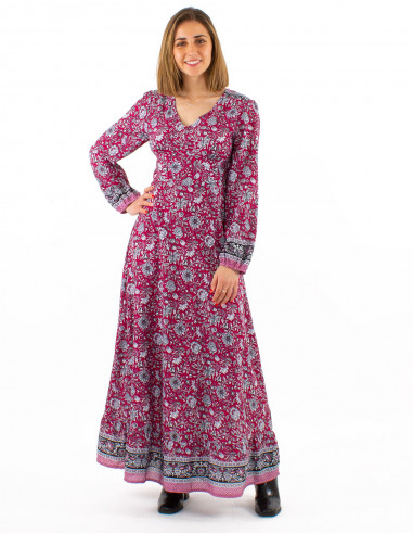Long polyester dres with lining and "pivoine" print