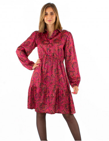 Robe polyester satin col chemise imprimé Paisley