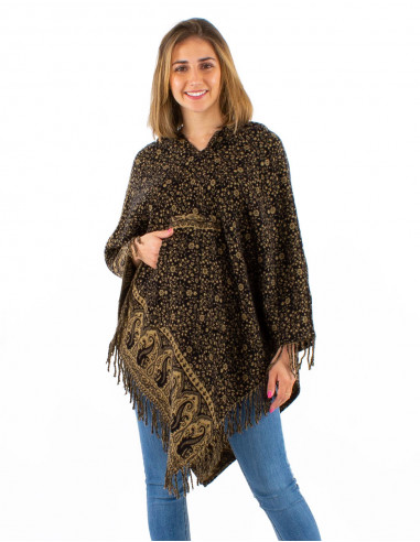 Poncho acrylique jacquart avec capuche petites fleurs