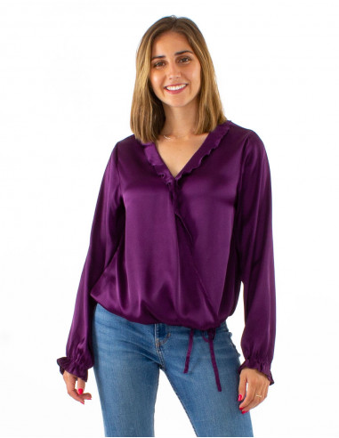 Polyester satin blouse with flounce collar