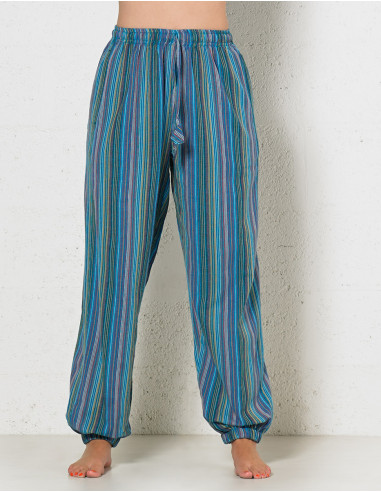 Mixed striped cotton trousers with 2 pockets elastic belt