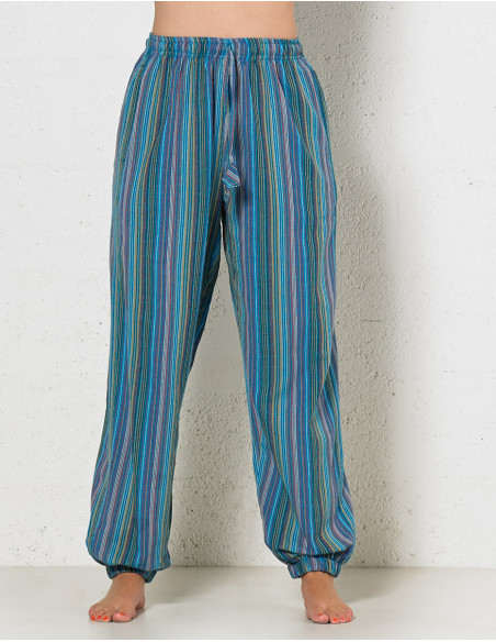 Mixed striped cotton trousers with 2 pockets elastic belt