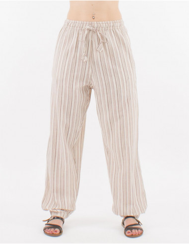 Mixed striped cotton trousers with 2 pockets elastic belt