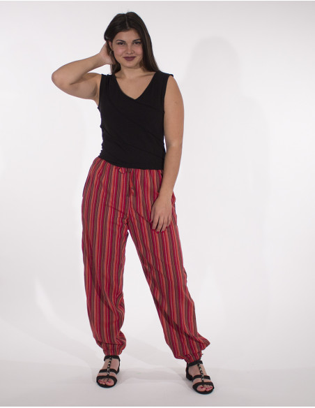 Mixed striped cotton trousers with 2 pockets elastic belt
