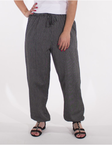 Mixed striped cotton trousers with 2 pockets elastic belt