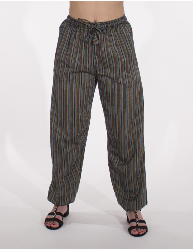 Mixed striped cotton trousers with 2 pockets elastic belt