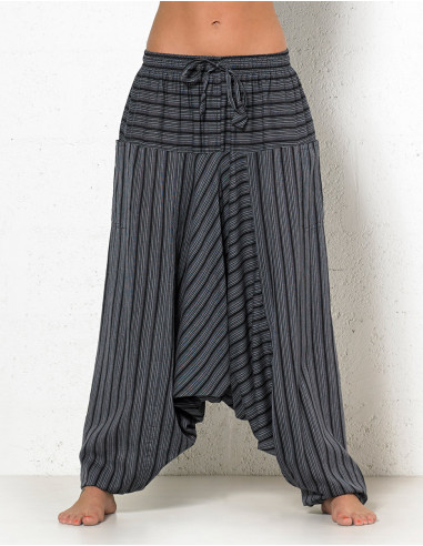 Mixed striped cotton harem pants elastic belt pockets