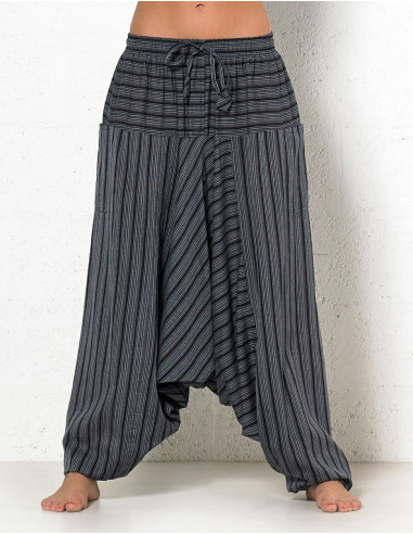 Mixed striped cotton harem pants elastic belt pockets
