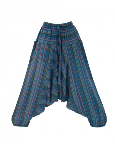 Mixed striped cotton harem pants elastic belt pockets