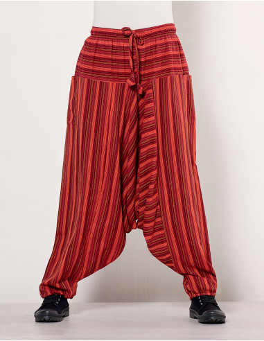 Mixed striped cotton harem pants elastic belt pockets