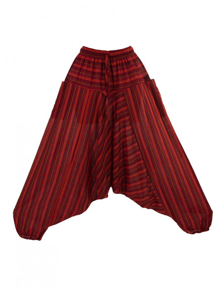 Mixed striped cotton harem pants elastic belt pockets