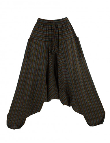 Mixed striped cotton harem pants elastic belt pockets