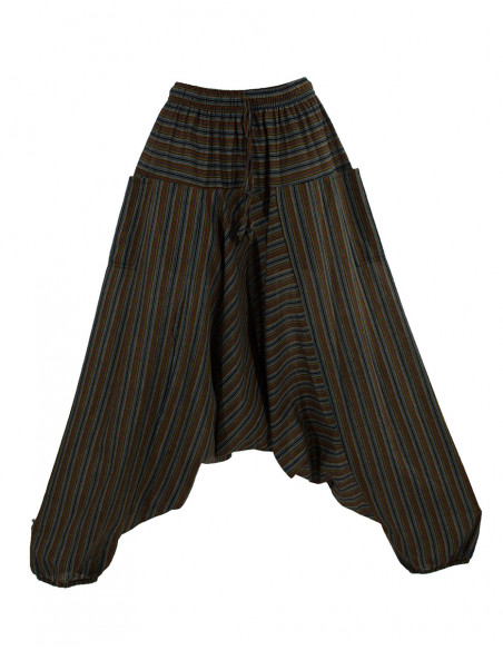 Mixed striped cotton harem pants elastic belt pockets
