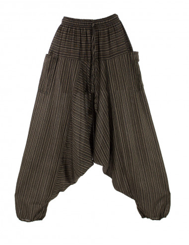Mixed striped cotton harem pants elastic belt pockets