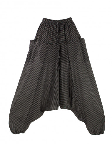 Mixed striped cotton harem pants elastic belt pockets