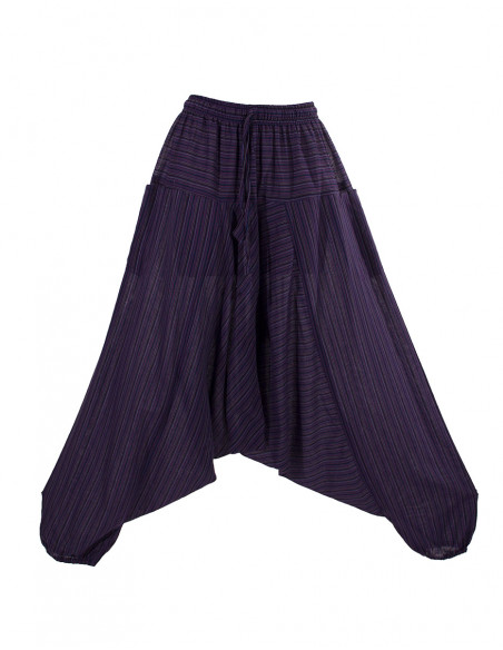 Mixed striped cotton harem pants elastic belt pockets