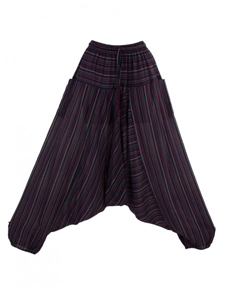 Mixed striped cotton harem pants elastic belt pockets