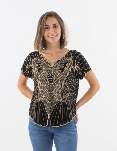 Butterfly embroidered viscose blouse