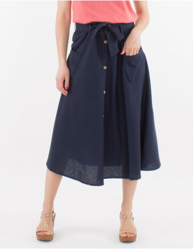 Mid length buttoned 91% cotton 9% linen skirt