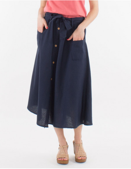 Mid length buttoned 91% cotton 9% linen skirt