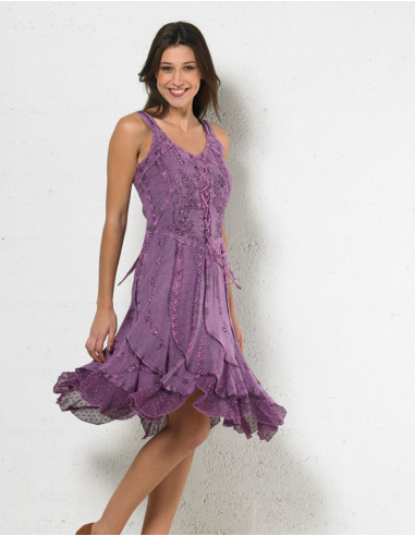 Viscose embroidered bucket dress with glitter sw straps