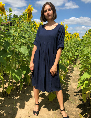 54% linen 46% viscose loose dress with short sleeves
