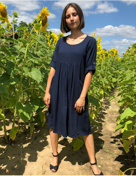 54% linen 46% viscose loose dress with short sleeves