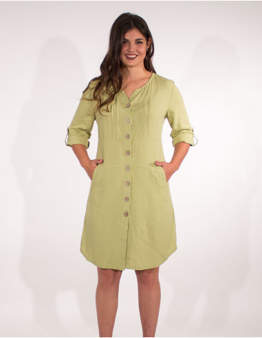 54% linen 46% viscose buttoned dress with roll-up sleeves