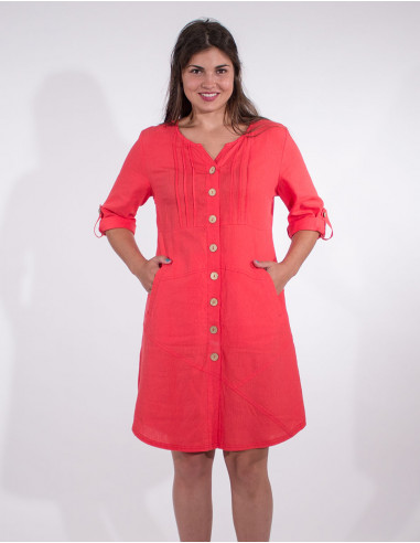 54% linen 46% viscose buttoned dress with roll-up sleeves