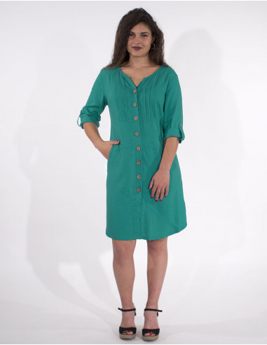 54% linen 46% viscose buttoned dress with roll-up sleeves