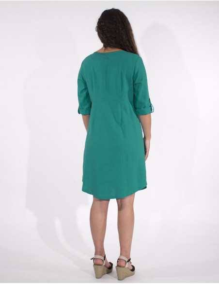 54% linen 46% viscose buttoned dress with roll-up sleeves
