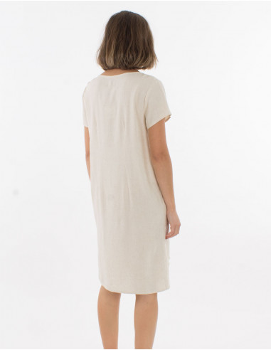 54% linen 46% viscose dress with v-neck and short sleeves