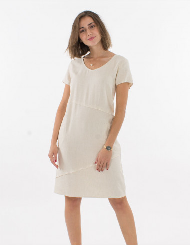 54% linen 46% viscose dress with v-neck and short sleeves