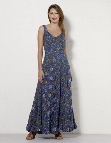 Long polyester printed sari dress with straps