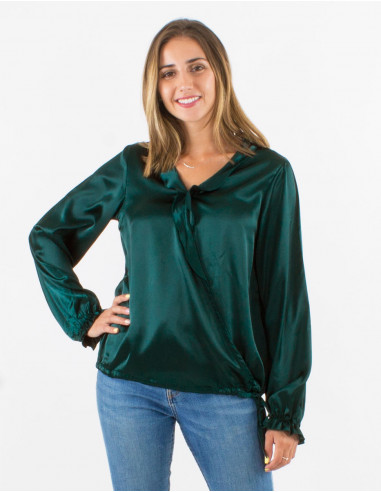 Polyester satin blouse with flounce collar